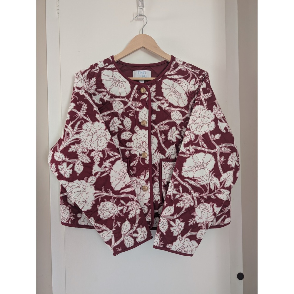 Time and Tru Burgundy Floral Quilted Jacket Women L Nautical Coastal Grandma New